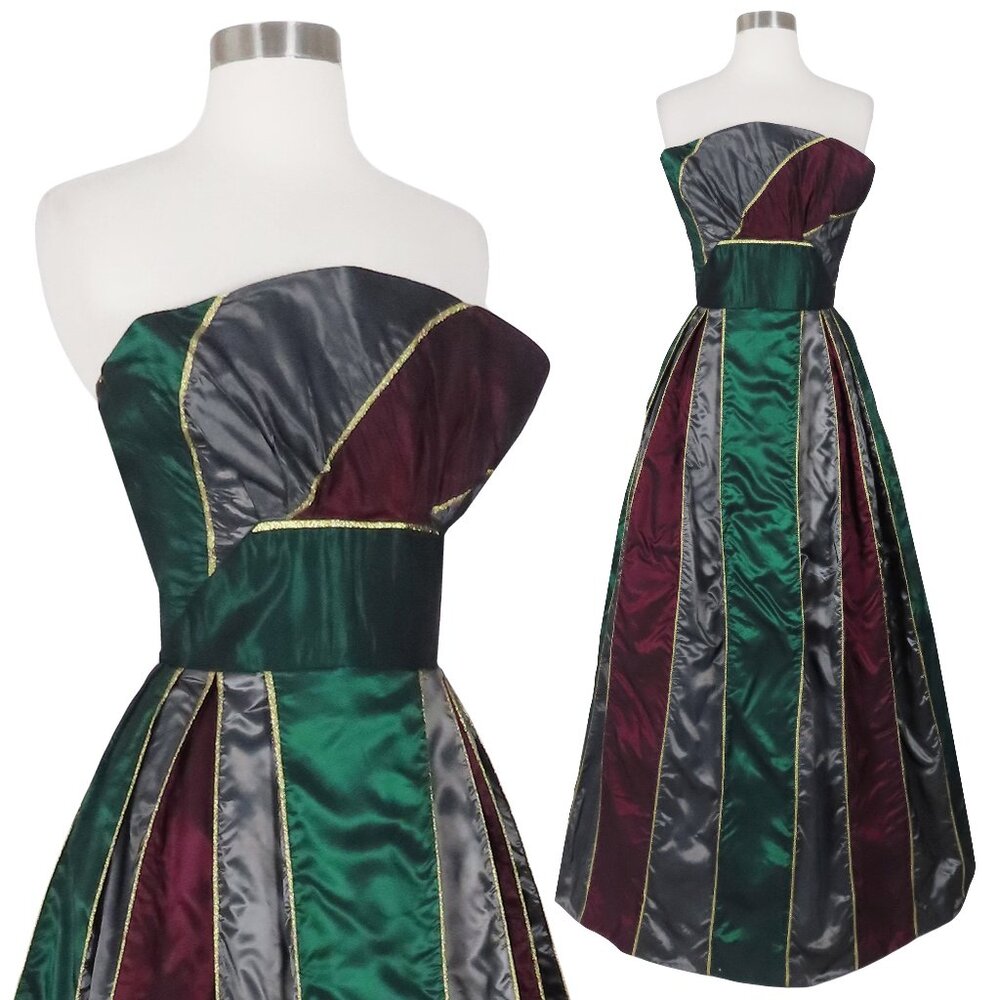 Vintage 70s Renaissance Princess Queen Burgundy Green Grey Gold Maxi Dress XS
